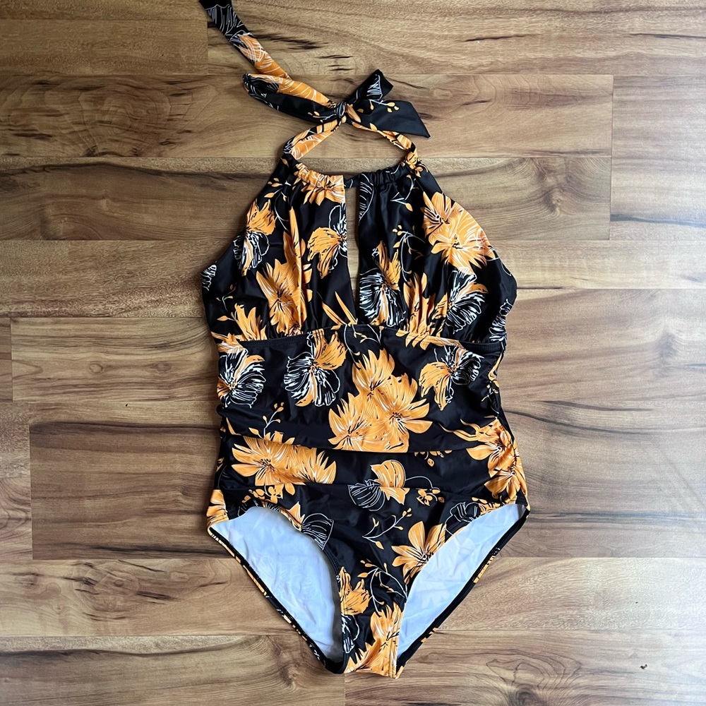 Retro Black and Orange Flower print One Piece Swimsuit